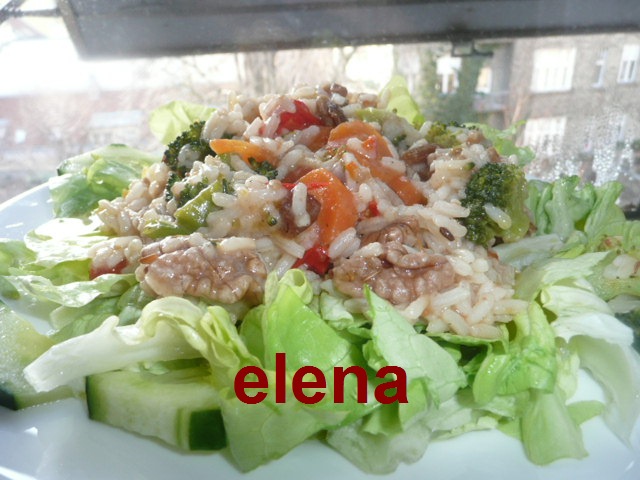 Orez cu legume pe pat de salata verde