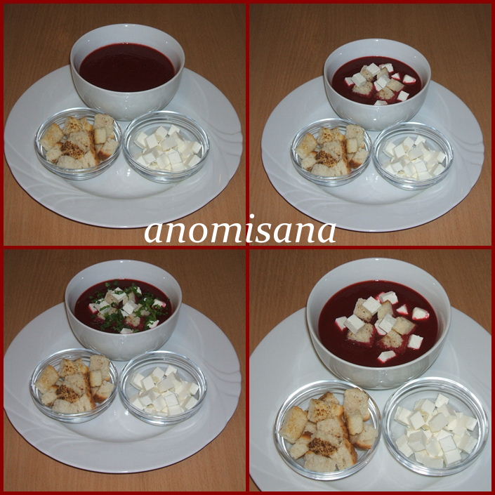 Supă de sfeclă cu roşii, crutoane şi brânză feta