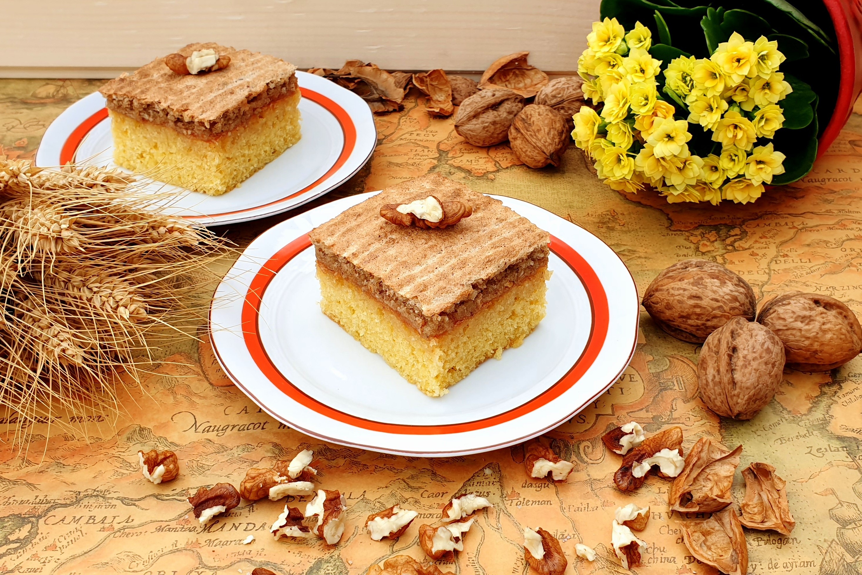 Desert prajitura cu gem de piersici si bezea cu nuci